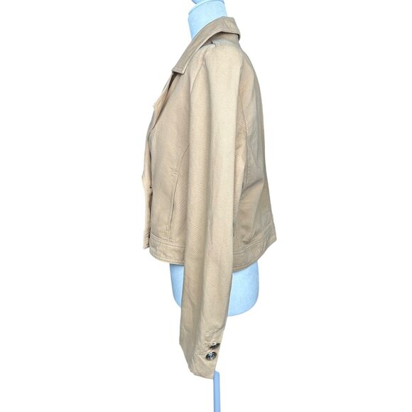 Zara Cropped Tan Denim Jacket Large Trench Military Boho Double Breasted Short - Picture 7 of 11